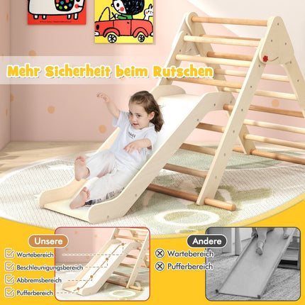 Pikler triangle set folding climbing triangle with slide and bars made of solid natural beech wood
