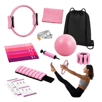 Pilates Set, 13-Piece Kit with Bands and Weights - Pink