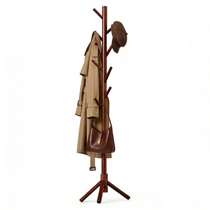 Pine Coat Stand, 8 Hooks, Dark Brown, Adjustable Height