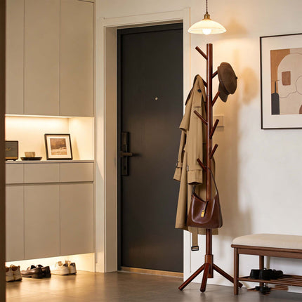 Pine Coat Stand, 8 Hooks, Dark Brown, Adjustable Height