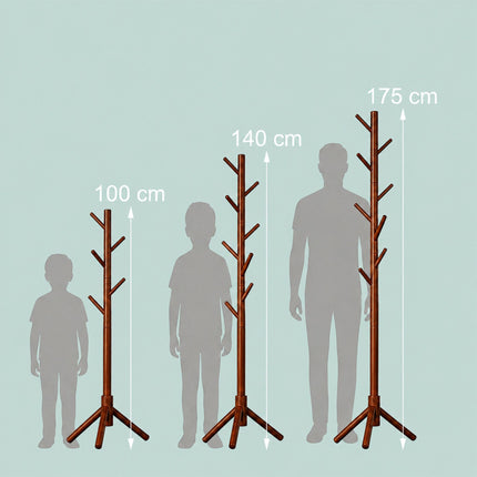 Pine Coat Stand, 8 Hooks, Dark Brown, Adjustable Height