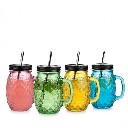 Pineapple Glasses with Lids and Straws, Set of 4