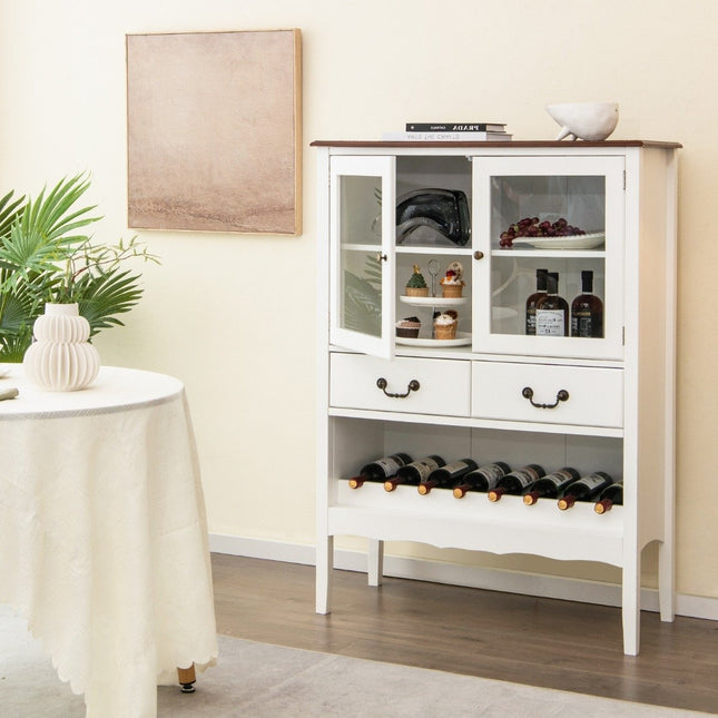 Pine wine cabinet with 2 doors & 2 drawers & open wine rack anti-tip