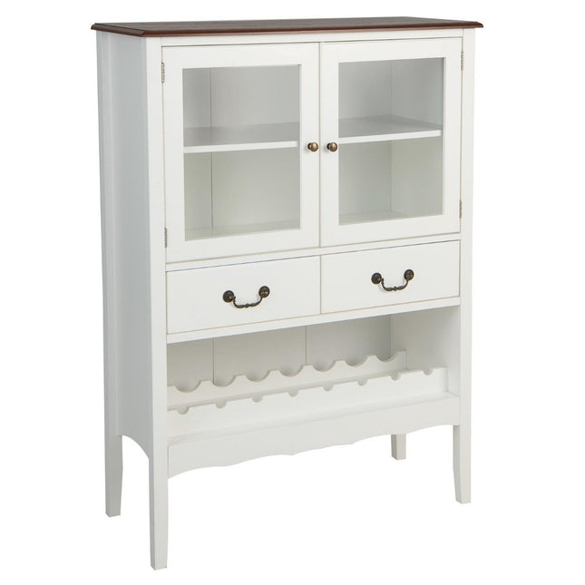 Pine wine cabinet with 2 doors & 2 drawers & open wine rack anti-tip