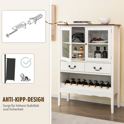 Pine wine cabinet with 2 doors & 2 drawers & open wine rack anti-tip