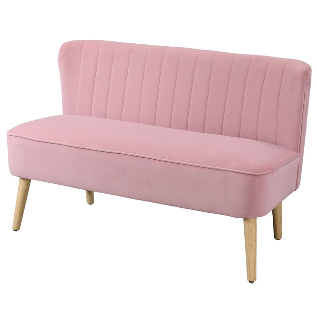Roze 2-zits stoffen bank met houten poten