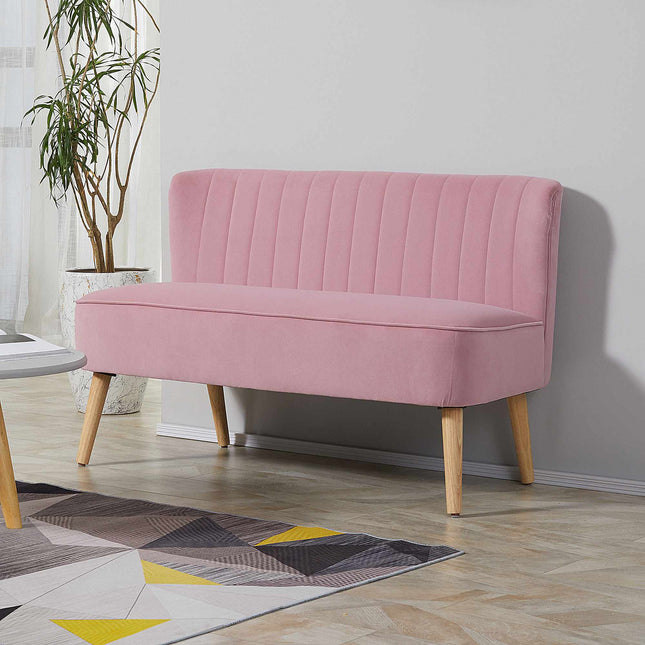 Roze 2-zits stoffen bank met houten poten