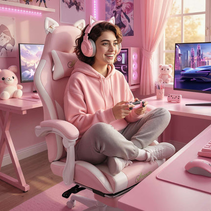 Pink Gaming Chair with Cat Ears and Lumbar Support