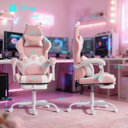 Pink Gaming Chair with Cat Ears and Lumbar Support