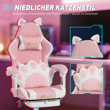 Pink Gaming Chair with Cat Ears and Lumbar Support