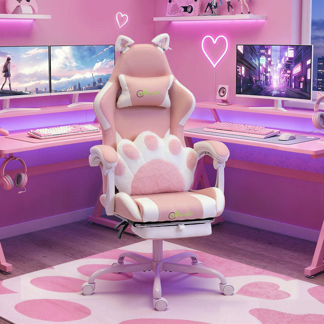 Pink Gaming Chair with Cat Ears and Lumbar Support