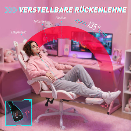 Pink Gaming Chair with Cat Ears and Lumbar Support