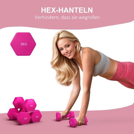 Pink Hex Dumbbell Set, 2 x 3 kg, Non-Slip, Floor Safe