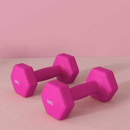 Pink Hex Dumbbell Set, 2 x 3 kg, Non-Slip, Floor Safe