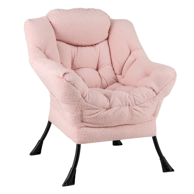 Roze relaxfauteuil met armleuningen, zijvak en voetensteun.