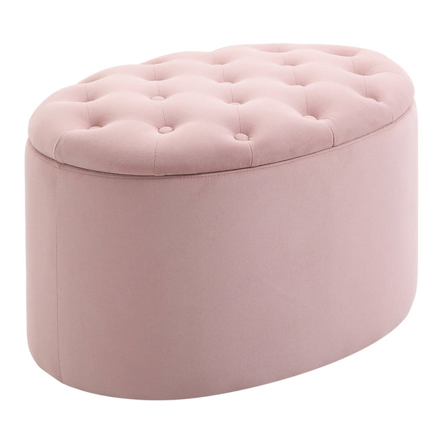 Roze Gestoffeerde Bank Met Opbergruimte, Fluweelachtig Polyester, Rubberhout, Ovale Vorm, Voor Woonkamer, 71X52X42Cm