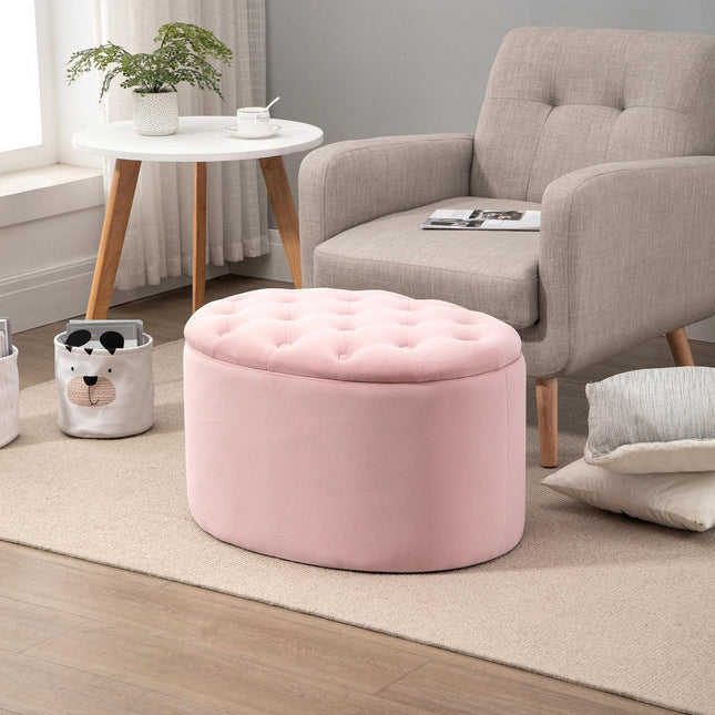 Roze Gestoffeerde Bank Met Opbergruimte, Fluweelachtig Polyester, Rubberhout, Ovale Vorm, Voor Woonkamer, 71X52X42Cm