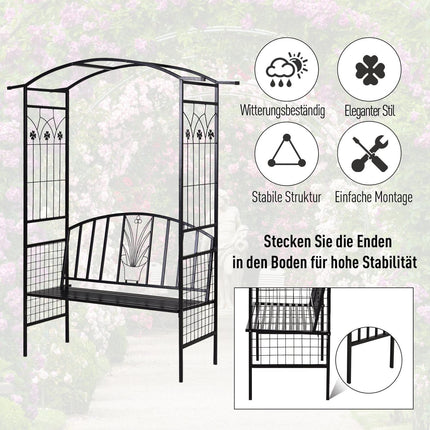 Black Metal Garden Arch with bench - 154 x 60 x 205 cm