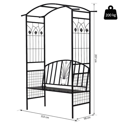 Black Metal Garden Arch with bench - 154 x 60 x 205 cm