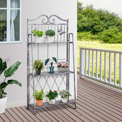 Metal plant stand in 3 tiers - Flower stand for garden, Silver grey