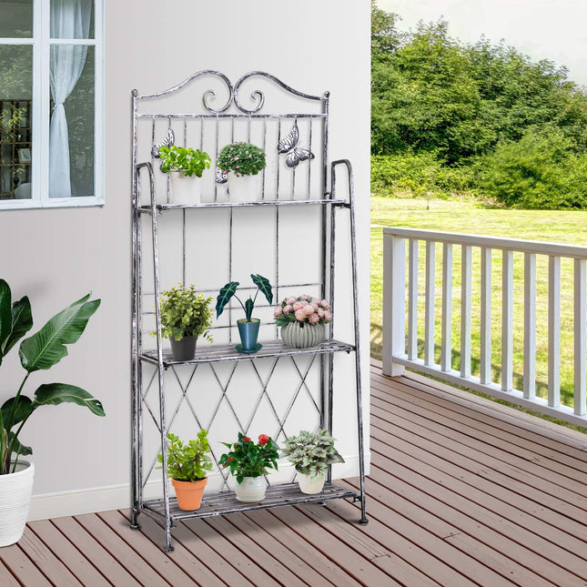 Metal plant stand in 3 tiers - Flower stand for garden, Silver grey
