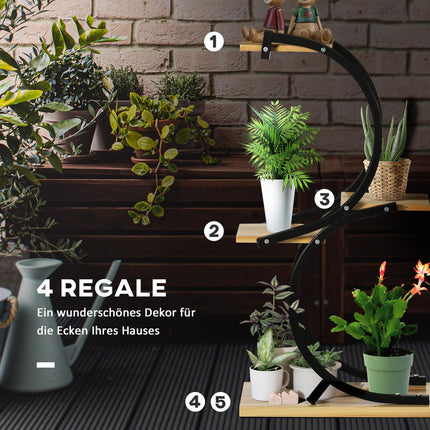 S-shaped plant shelf with four levels, metal frame, solid wood
