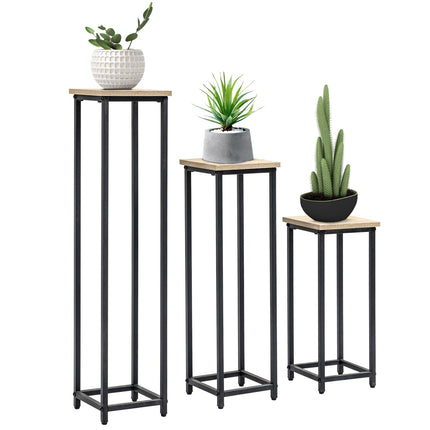 Plant stand set in steel - 3-piece flower pot holder, black & natural