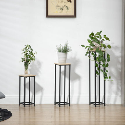 Plant stand set in steel - 3-piece flower pot holder, black & natural
