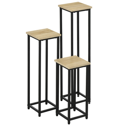 Plant stand set in steel - 3-piece flower pot holder, black & natural