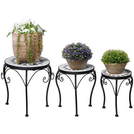 Plant stand set of 3 with ceramic tiles, black and white