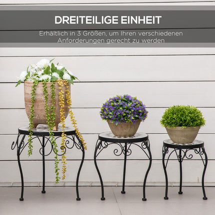 Plant stand set of 3 with ceramic tiles, black and white