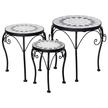 Plant stand set of 3 with ceramic tiles, black and white