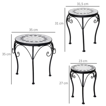 Plant stand set of 3 with ceramic tiles, black and white