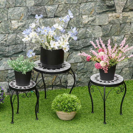 Plant stand set of 3 with ceramic tiles, black and white