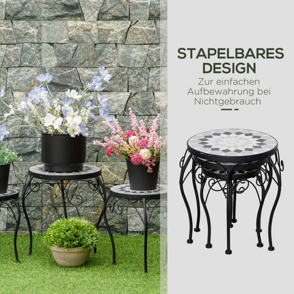 Plant stand set of 3 with ceramic tiles, black and white
