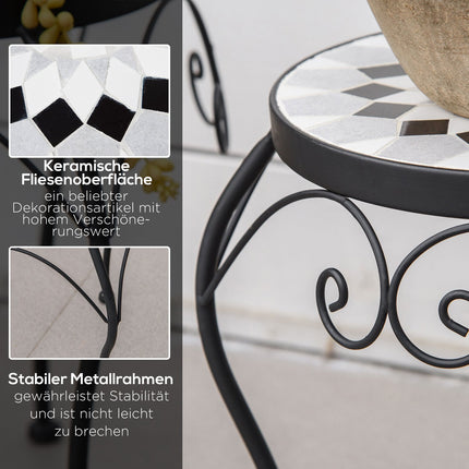 Plant stand set of 3 with ceramic tiles, black and white