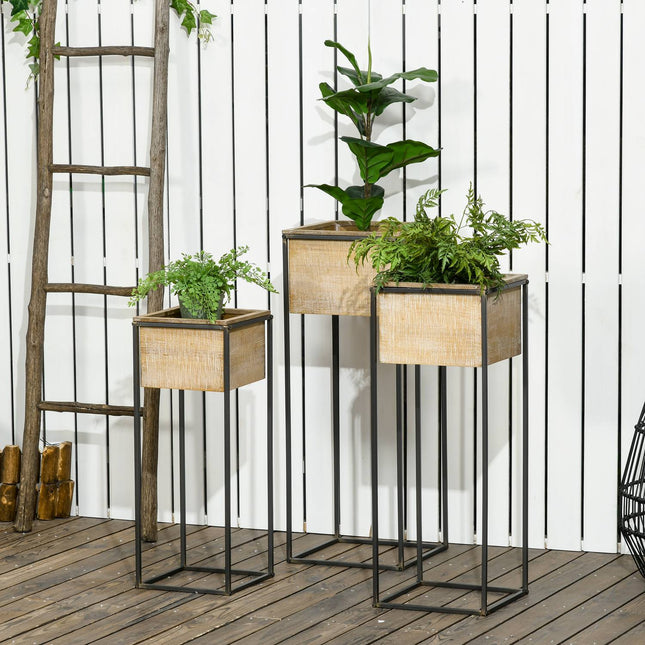 Square spruce wood plant stool set - metal legs, natural finish