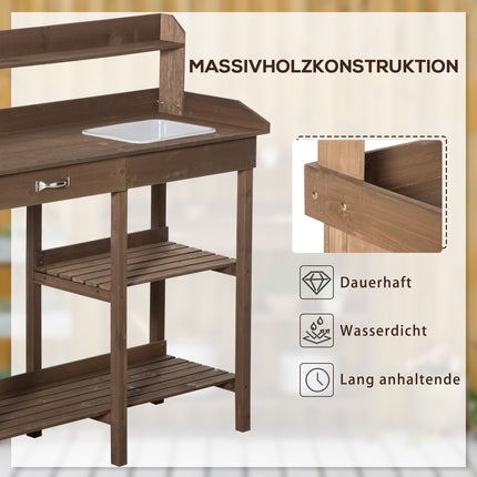 Wooden garden plant table with tub, brown - 117 x 45 x 121 cm