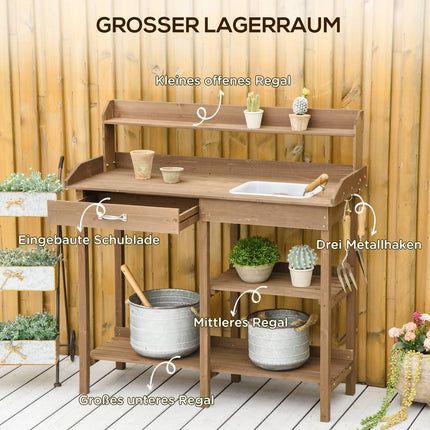 Wooden garden plant table with tub, brown - 117 x 45 x 121 cm