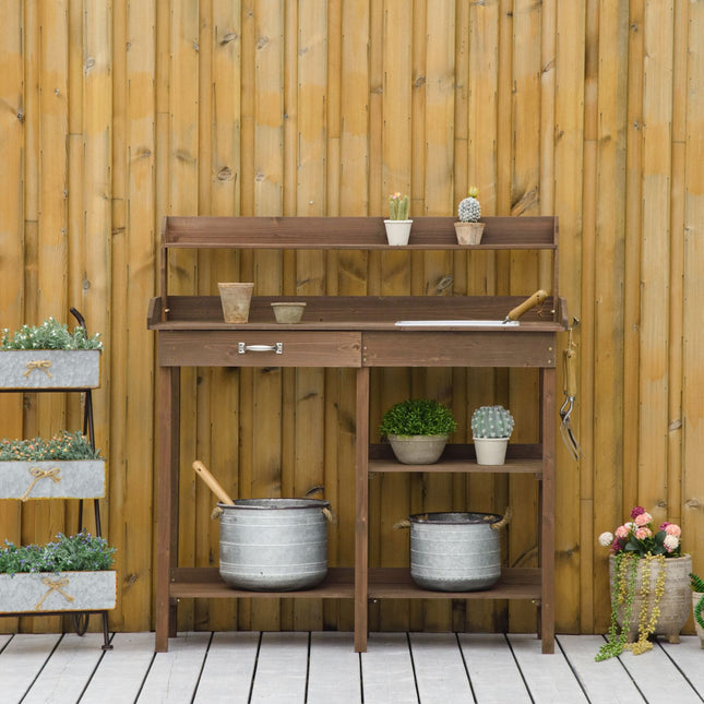Wooden garden plant table with tub, brown - 117 x 45 x 121 cm