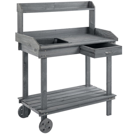 Outdoor planting table with sink & storage, gray spruce wood