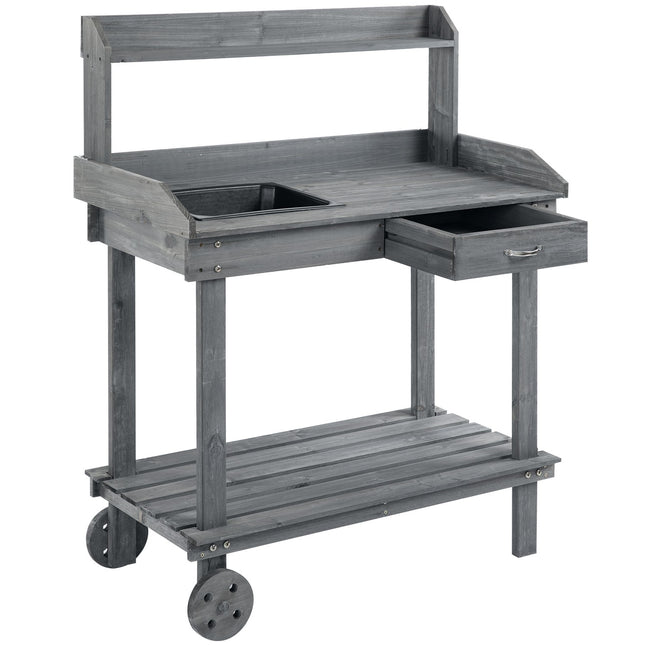 Outdoor planting table with sink & storage, gray spruce wood