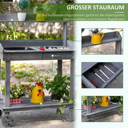 Outdoor planting table with sink & storage, gray spruce wood