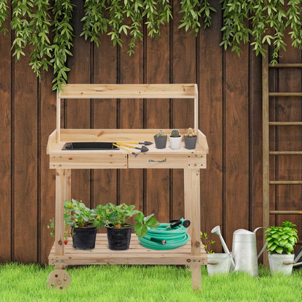 Wooden garden pot table with sink and wheels - 2-tier