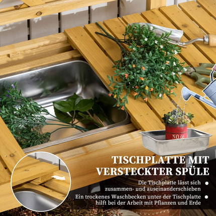 Extendable wooden garden table with sink and storage