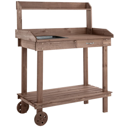 Garden spruce wooden planter table with sink and wheels