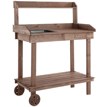 Garden spruce wooden planter table with sink and wheels