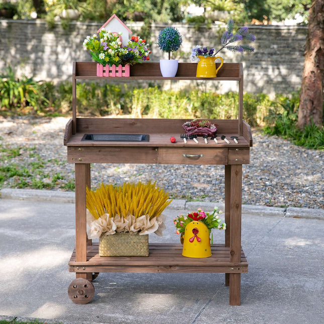 Garden spruce wooden planter table with sink and wheels