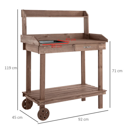 Garden spruce wooden planter table with sink and wheels