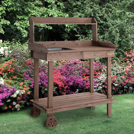 Garden spruce wooden planter table with sink and wheels